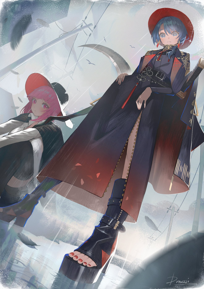 2girls, bird, black_dress, black_footwear, black_hat, blue_eyes, blue_hair, clothes_lift, cowboy_hat, dress, dress_lift, drowzzi, feathers, gradient_clothes, gradient_dress, hat, highres, holding, holding_scythe, hololive, hololive_english, hoshimachi_suisei, hoshimachi_suisei_(oriental_suit), long_hair, looking_at_viewer, mori_calliope, mori_calliope_(sheriff), multiple_girls, nail_polish, official_alternate_costume, overcast, perspective, pink_eyes, pink_hair, rain, red_dress, red_hat, red_nails, scythe, sheath, sheathed, short_hair, sky, squatting, toeless_footwear, toenail_polish, toenails, toes, utility_pole, virtual_youtuber