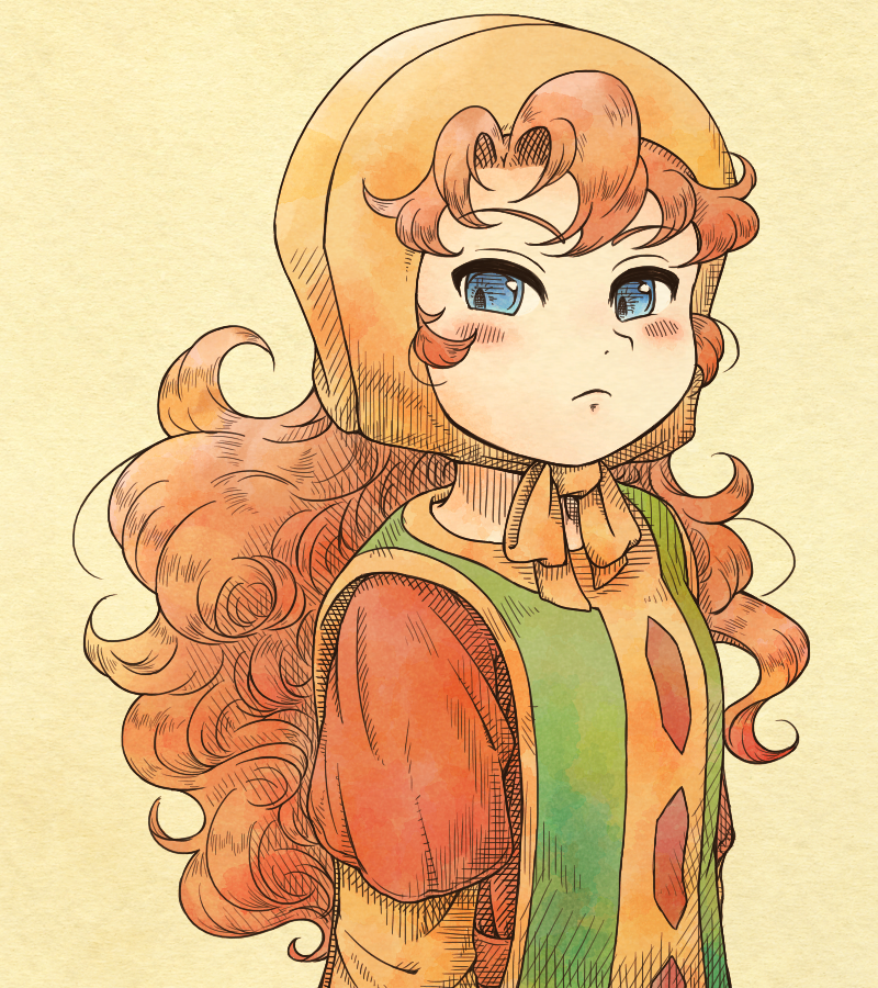 1girl, 4ma4ma5ma, blue_eyes, bonnet, commentary_request, curly_hair, dragon_quest, dragon_quest_vii
