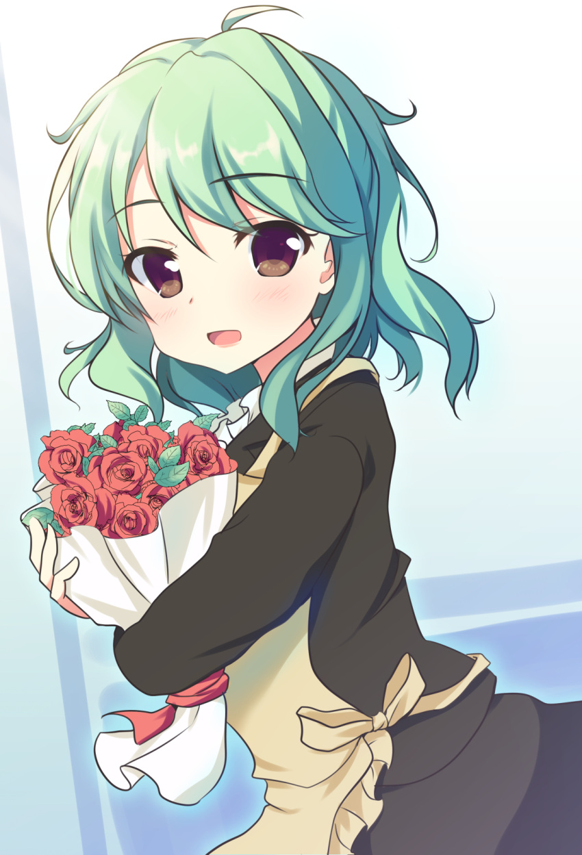 1girl, ameno_ame, apron, black_jacket, black_skirt, blouse, blue_background, blush