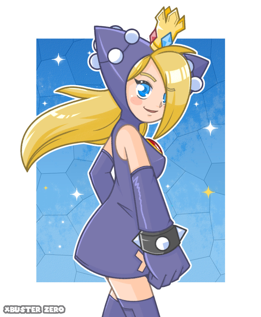 1girl, blonde_hair, blue_eyes, blue_gemstone, bracelet, crown, fingerless_gloves, gem