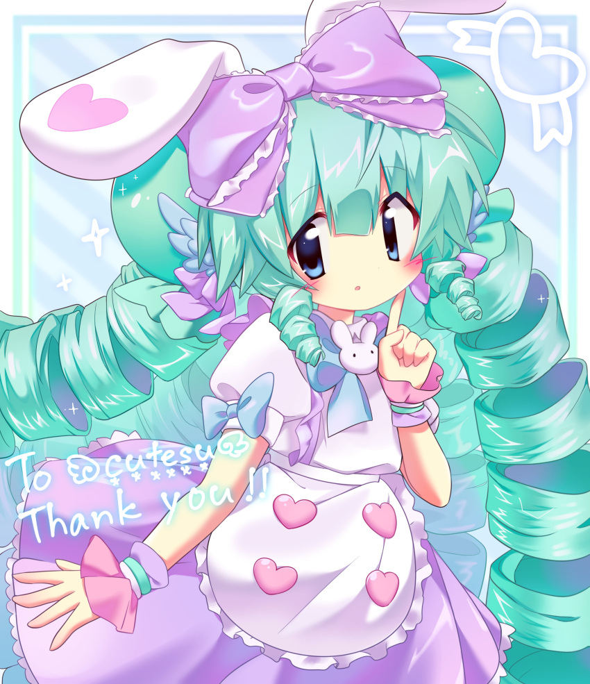 1girl, :o, absurdres, animal_ears, apron, aqua_hair, arm_at_side, artistic_error