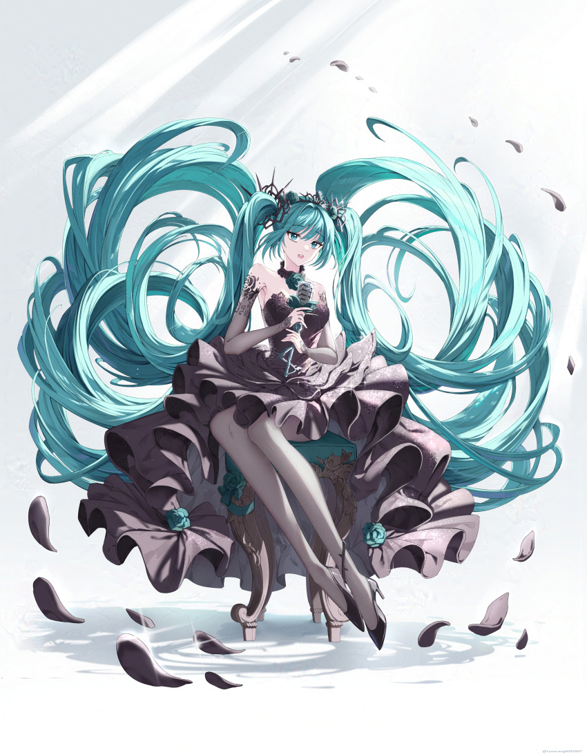 1girl, absurdres, aqua_bow, aqua_eyes, aqua_flower, aqua_hair, aqua_rose, bare_shoulders, black_bridal_gauntlets, black_dress, black_footwear, black_pantyhose, black_petals, black_theme, bow, bridal_gauntlets, commentary_request, detached_collar, dress, floating_hair, flower, hatsune_miku, high_heels, highres, holding, holding_microphone, looking_at_viewer, microphone, murupuru_22, on_stool, open_mouth, pantyhose, rose, sitting, solo, sparkle, stool, strapless, strapless_dress, tiara, twintails, vocaloid, white_background