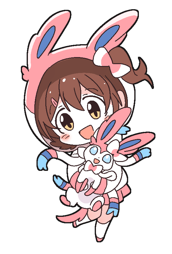 1girl, :d, animal_ear_hood, animal_hug, blush_stickers, brown_hair, chibi, chibi_only, double-parted_bangs, full_body, hair_ornament, hairpin, hood, idolmaster, idolmaster_million_live!, idolmaster_million_live!_theater_days, kasuga_mirai, long_sleeves, millcookie_pro, open_mouth, pink_footwear, pink_skirt, pokemon, pokemon_(creature), shirt, side_ponytail, simple_background, skirt, smile, socks, sylveon, white_background, white_shirt, white_socks, yellow_eyes