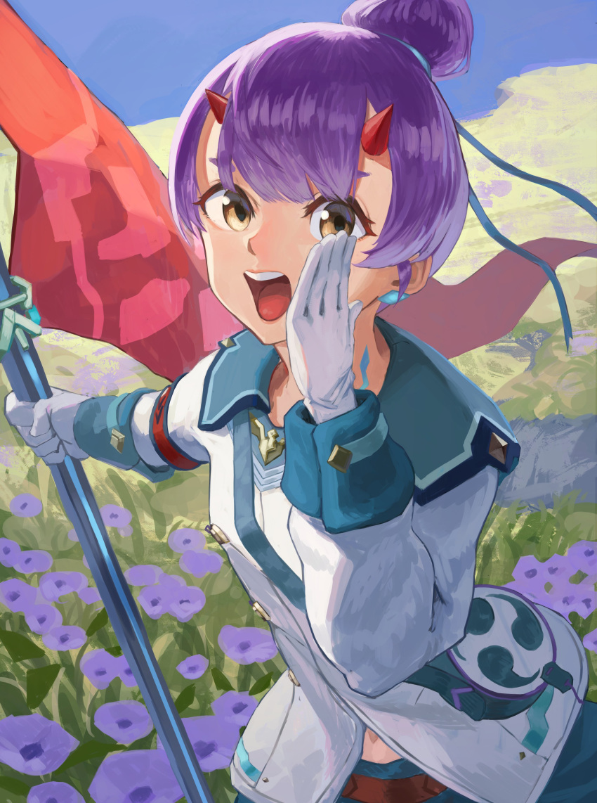 1girl, absurdres, brown_eyes, center-flap_bangs, commentary_request, field, fiona_(xenoblade), flag