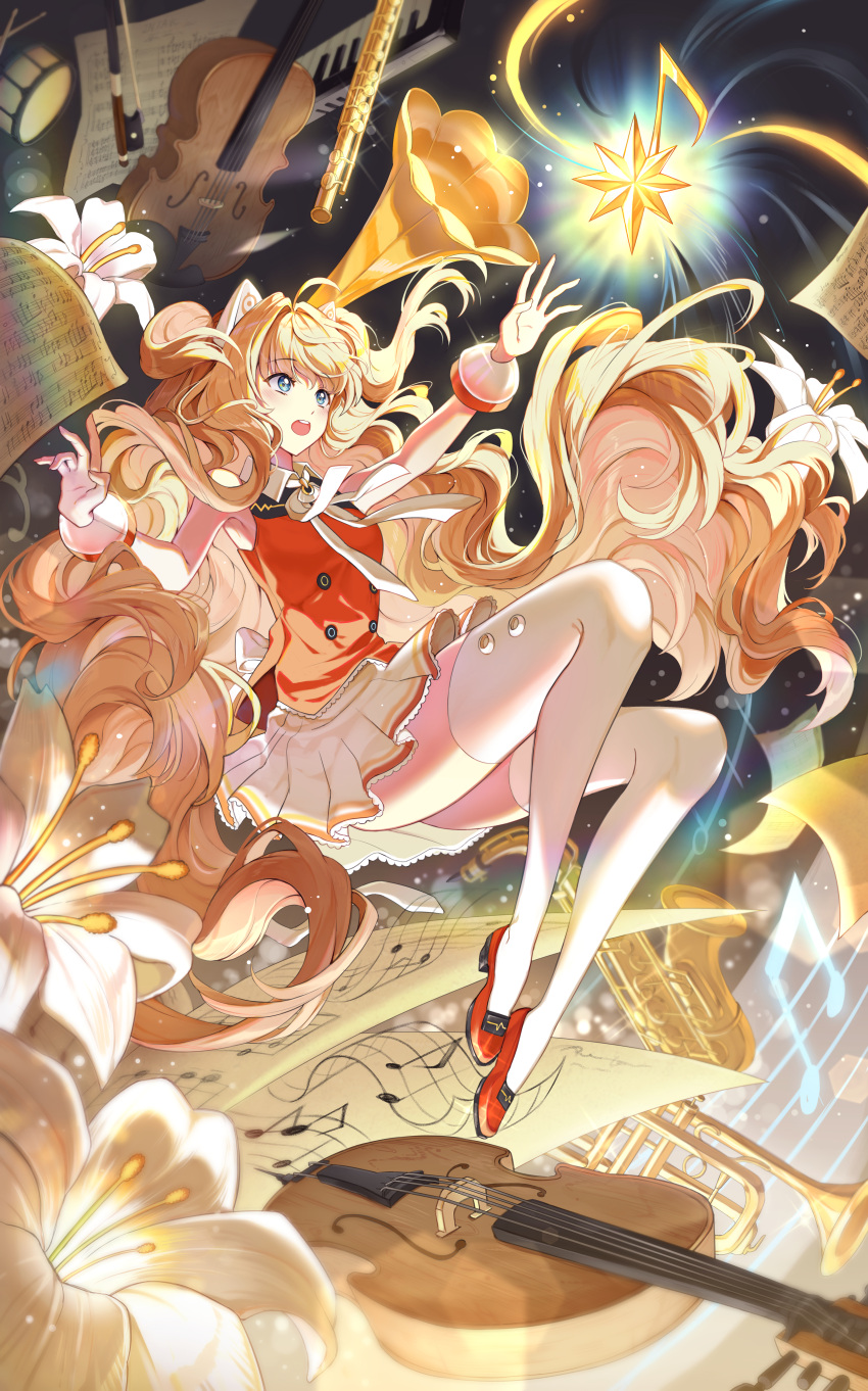 1girl, absurdres, animal_ears, blonde_hair, blue_eyes, bow_(music), cat_ears, commentary
