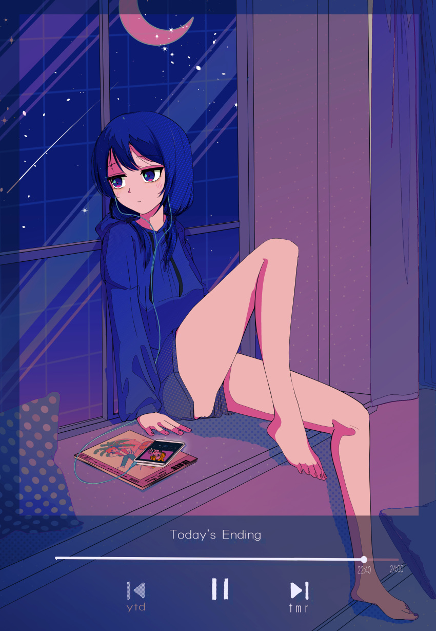 1girl, 5_rebbeccas, absurdres, alternate_eye_color, alternate_hair_color, bare_legs, barefoot, blue_eyes