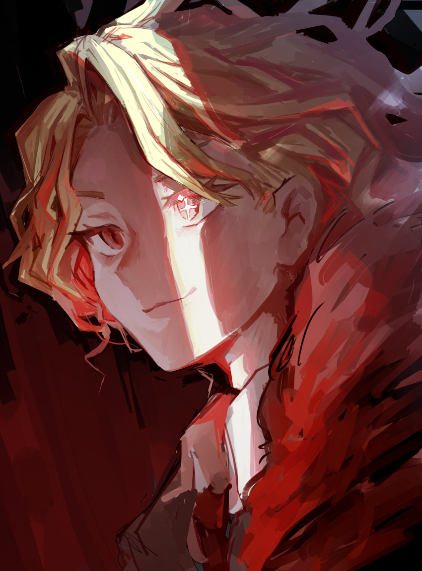 1girl, absurdres, black_coat, blonde_hair, chikichi, closed_mouth, coat, collared_shirt, don_quixote_(project_moon), feather_boa, highres, limbus_company, looking_ahead, necktie, project_moon, red_eyes, red_necktie, sancho_(project_moon), shirt, short_hair, slit_pupils, smile, solo, sparkling_eyes, upper_body, white_shirt