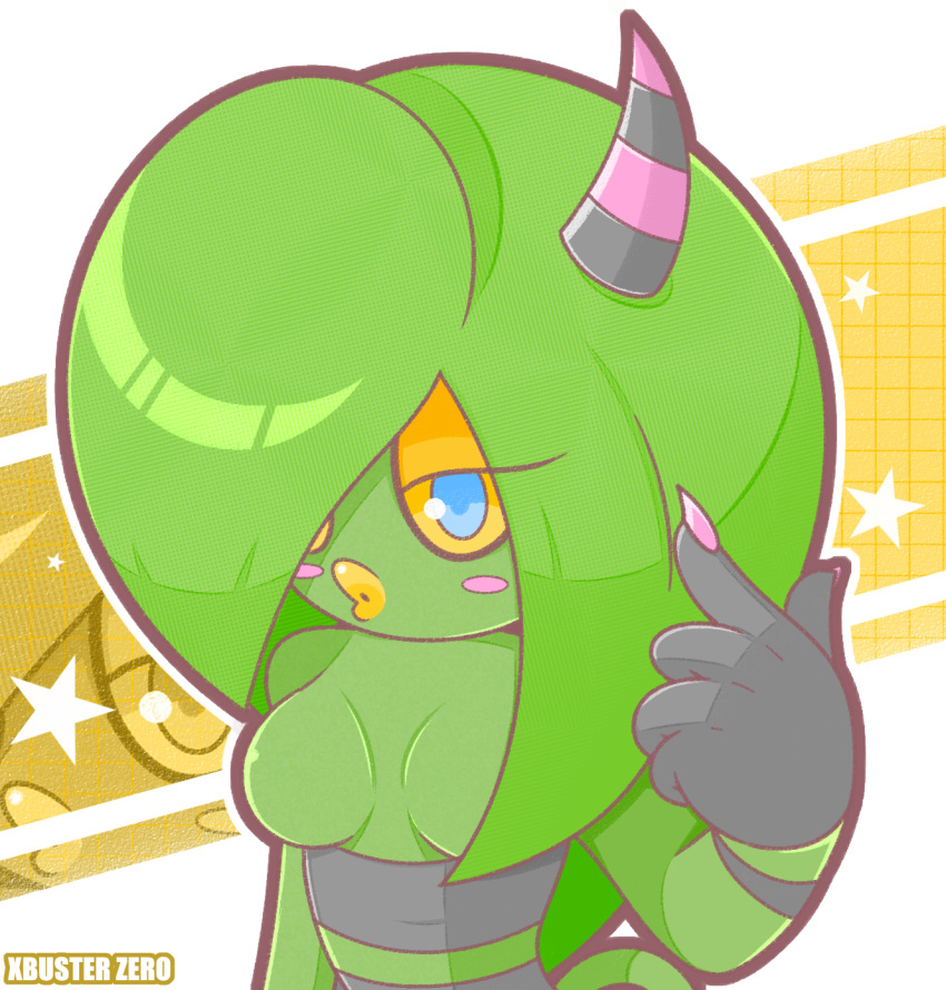 1girl, alien, blue_eyes, blush, fingernails, furry, furry_female, green_hair