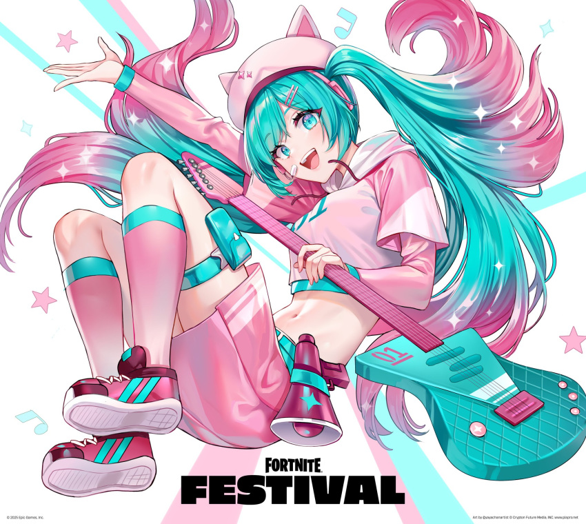 1girl, :d, animal_ears, aqua_eyes, aqua_hair, arm_up, cat_ears, commentary