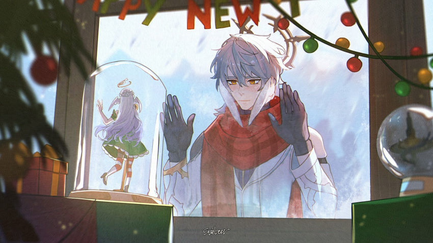 1boy, 1girl, against_glass, black_gloves, christmas_lights, closed_mouth, commentary, dress