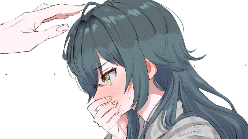1boy, 1girl, commentary_request, covering_own_mouth, fingernails, gakuen_idolmaster, green_eyes, green_hair