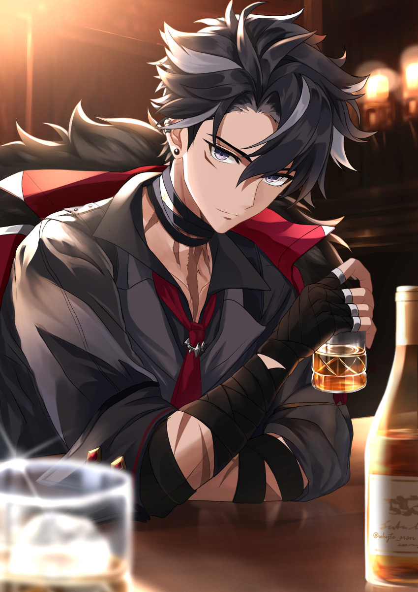 1boy, absurdres, alcohol, artist_name, backlighting, bandaged_arm, bandaged_neck, bandages