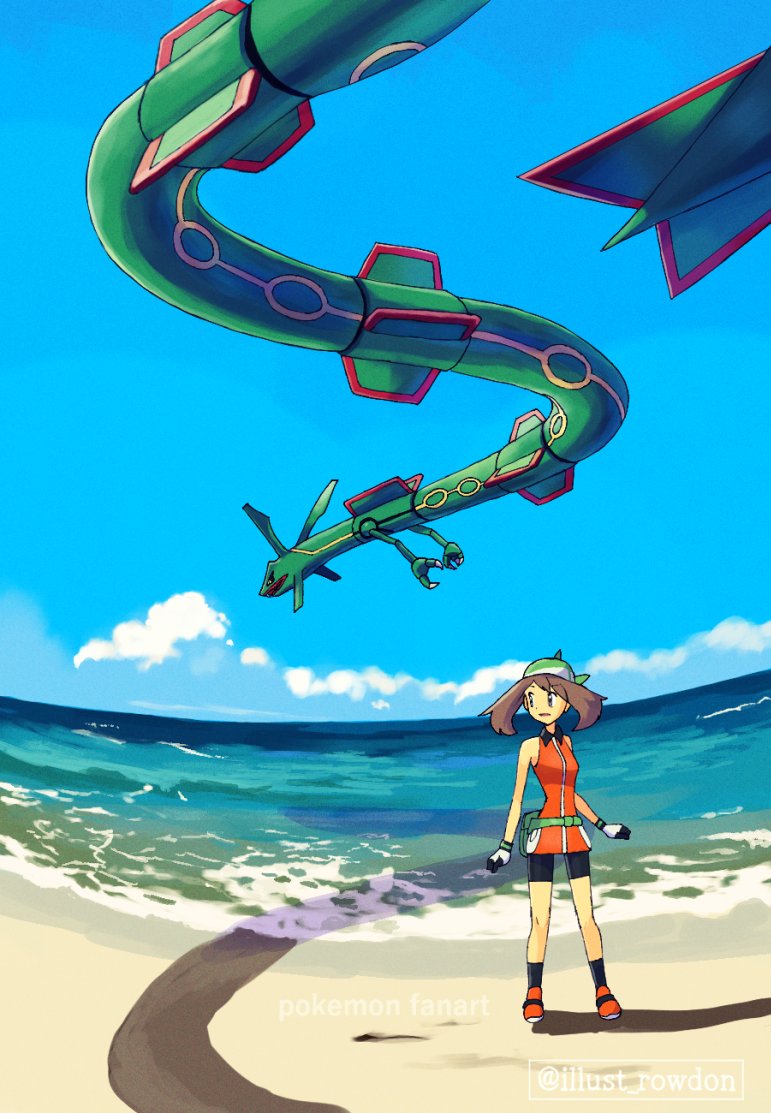 1girl, bandana, bare_shoulders, beach, bike_shorts, black_shorts, blue_sky, brown_hair