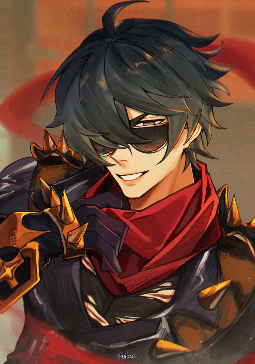 1boy, ahoge, black_gloves, black_jacket, black_shirt, glasses, gloves, green_eyes, green_hair, grin, hair_between_eyes, hair_over_one_eye, hashtag-only_commentary, highres, jacket, lighter_(zenless_zone_zero), looking_at_viewer, male_focus, moonya, red_pupils, red_scarf, scarf, shirt, short_hair, smile, solo, spiked_gloves, spiked_jacket, sunglasses, torn_clothes, torn_shirt, upper_body, zenless_zone_zero