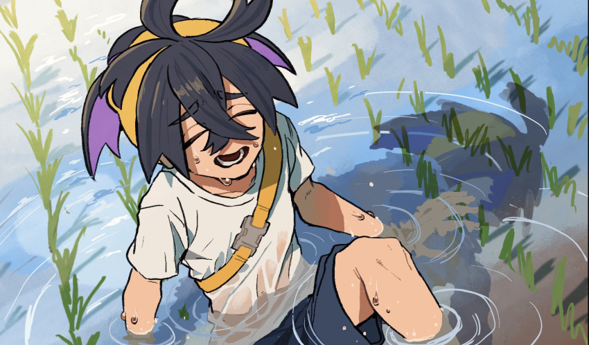 azukimomonaka, black_hair, blue_shorts, closed_eyes, commentary_request, crossed_bangs, hair_between_eyes, hairband