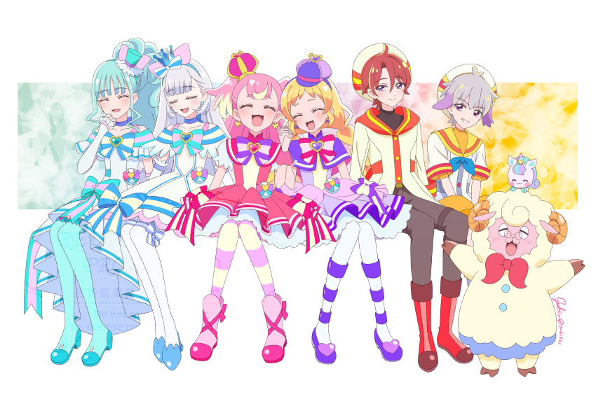 3boys, 5girls, absurdres, aqua_bow, aqua_bowtie, aqua_footwear, aqua_hair, aqua_hairband