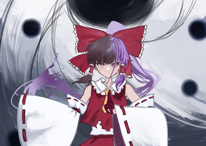 1girl, absurdres, ascot, black_sclera, blood, blood_on_clothes, blood_on_hands, bow, brown_hair, colored_sclera, corruption, detached_sleeves, energy_ball, foul_detective_satori, frilled_bow, frilled_hair_tubes, frills, hair_bow, hair_tubes, hakurei_reimu, hakurei_reimu_(pc-98), hand_on_own_chest, highres, kuji-in, long_hair, noel_(pixiv5459099), ponytail, purple_hair, red_bow, red_skirt, ribbon-trimmed_sleeves, ribbon_trim, skirt, solo, spoilers, torn_clothes, touhou, touhou_(pc-98), undershirt, yellow_ascot