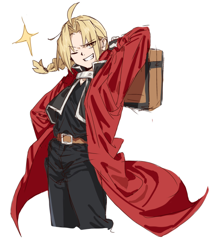 1boy, ahoge, belt, black_pants, black_shirt, blonde_hair, braid, braided_ponytail