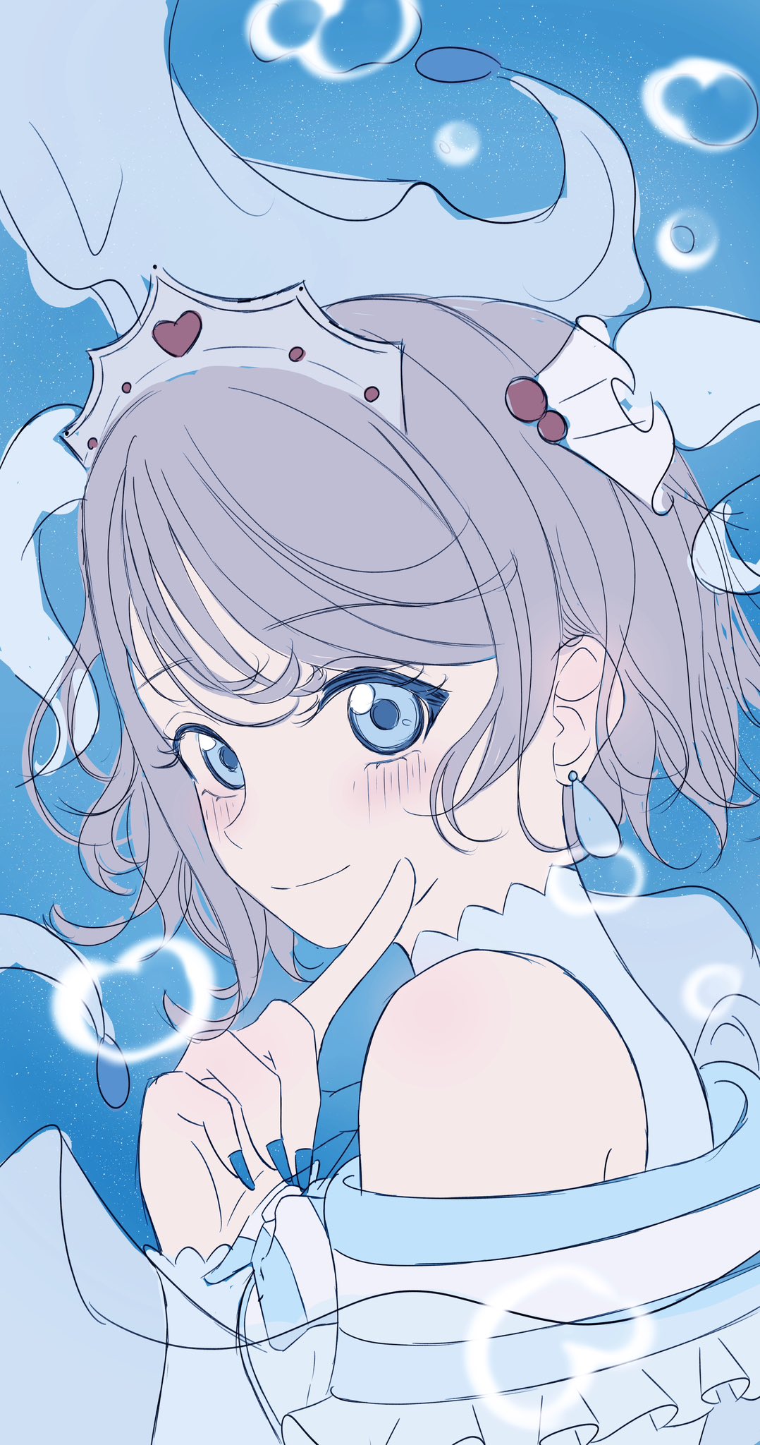 1girl, air_bubble, bare_shoulders, blue_background, blue_eyes, blush, bubble, closed_mouth