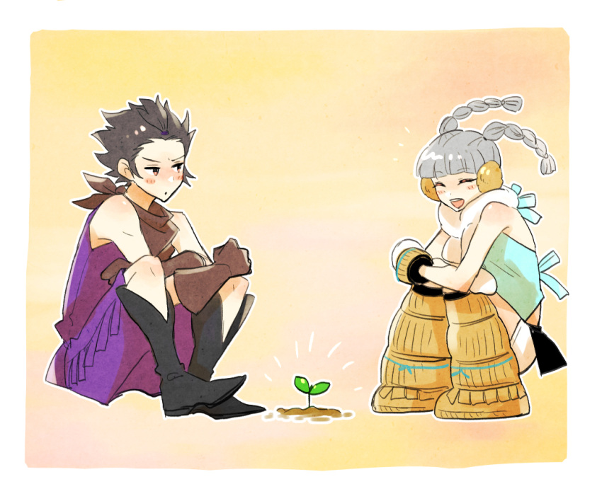1boy, 1girl, :d, :o, ^_^, aqua_shirt, bare_shoulders, black_footwear