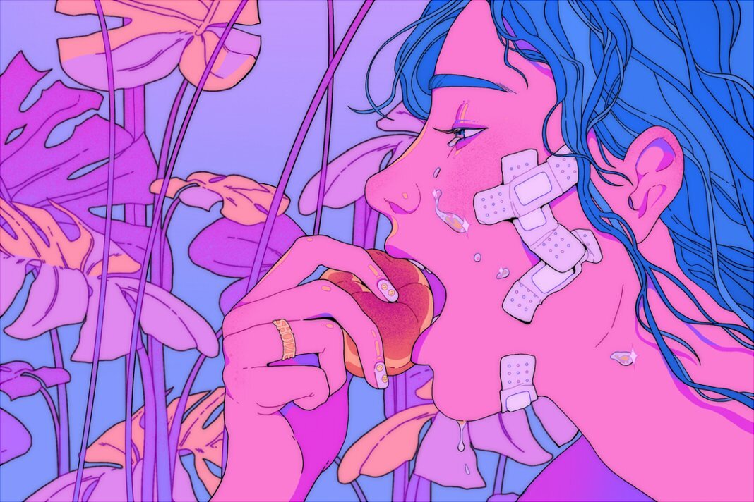 1girl, artist_name, bandaid, blue_background, blue_hair, close-up, colored_skin, commentary