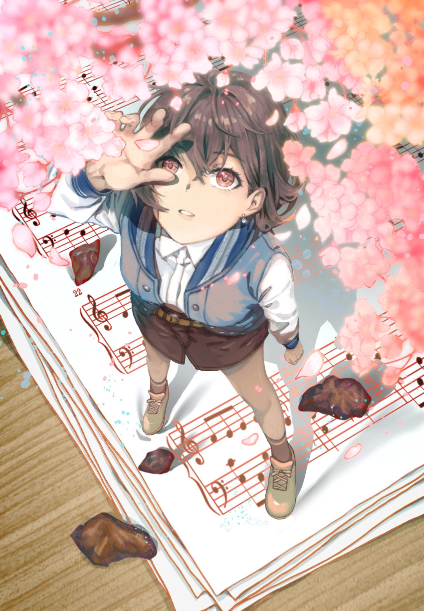 1girl, absurdres, bang_dream!, bang_dream!_it's_mygo!!!!!, black_socks, blue_jacket, brown_eyes, cherry_blossoms