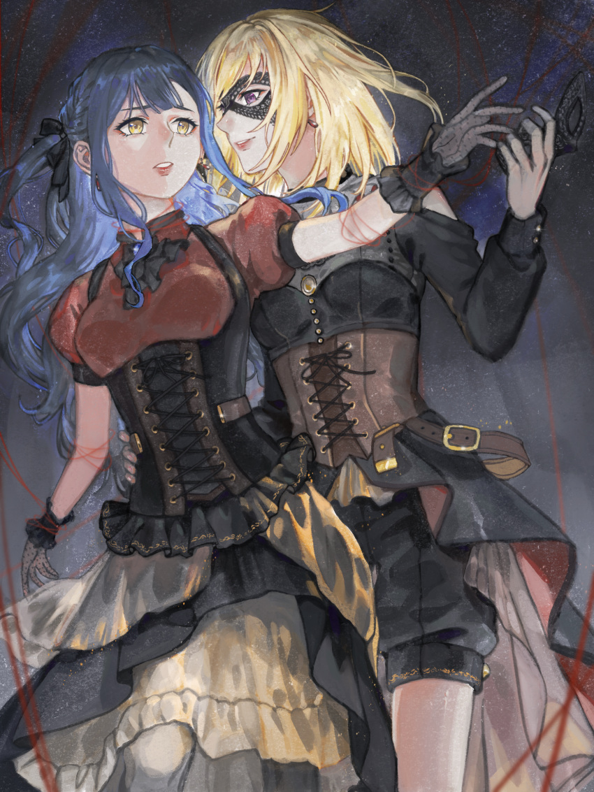 2girls, bang_dream!, bang_dream!_it's_mygo!!!!!, belt, black_corset, black_dress, black_gloves, black_ribbon