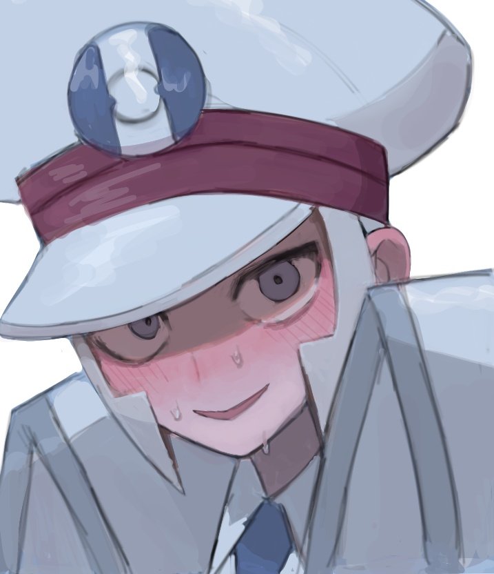 1boy, blue_necktie, blush, coat, collared_shirt, emmet_(pokemon), grey_eyes, grey_hair, hashtag-only_commentary, hat, high_collar, looking_at_viewer, male_focus, necktie, open_mouth, peaked_cap, pokemon, pokemon_bw, rinrinohoukai, shaded_face, shirt, short_hair, sideburns, smile, solo, sweat, white_coat, white_hat, white_shirt