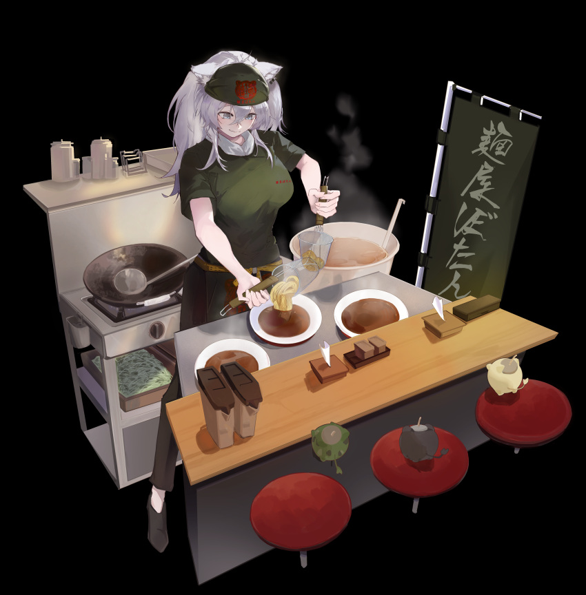 1girl, absurdres, ahoge, alternate_costume, animal_ear_piercing, animal_ears, bandana, bar_stool