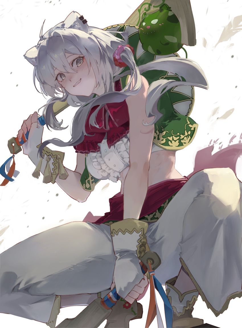 1girl, absurdres, ahoge, animal_ear_piercing, animal_ears, asymmetrical_sidelocks, between_legs, boots, breasts, center_frills, club_(weapon), commentary_request, cosplay, cowboy_boots, crop_top, cropped_shirt, debris, double-parted_bangs, dual_wielding, dust, feet_out_of_frame, fingerless_gloves, frills, from_behind, gloves, green_vest, grey_eyes, grey_hair, grin, hair_between_eyes, hand_between_legs, hat, hat_on_back, highres, holding, holding_weapon, large_breasts, lily_hawk, lily_hawk_(cosplay), lion_ears, long_hair, long_sidelocks, mariachi, pants, pogamoggan, red_sash, sash, shirt, shishiro_botan, sidelocks, sideways_glance, sleeveless, sleeveless_shirt, slit_pupils, smile, sombrero, squatting, ssrb_(shishiro_botan), street_fighter, street_fighter_6, vest, virtual_youtuber, weapon, white_background, white_footwear, white_gloves, white_pants, white_shirt, wide-eyed, wool1997