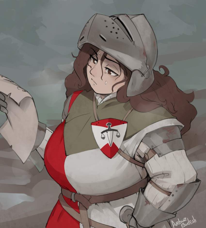 1girl, arbuz_budesh, artist_name, brown_eyes, brown_hair, english_commentary, gauntlets, grey_sky, helmet, highres, holding, holding_paper, lady_lucerne_(ironlily), ordo_mediare_sisters_(ironlily), outdoors, paper, sky, solo, standing, sweat