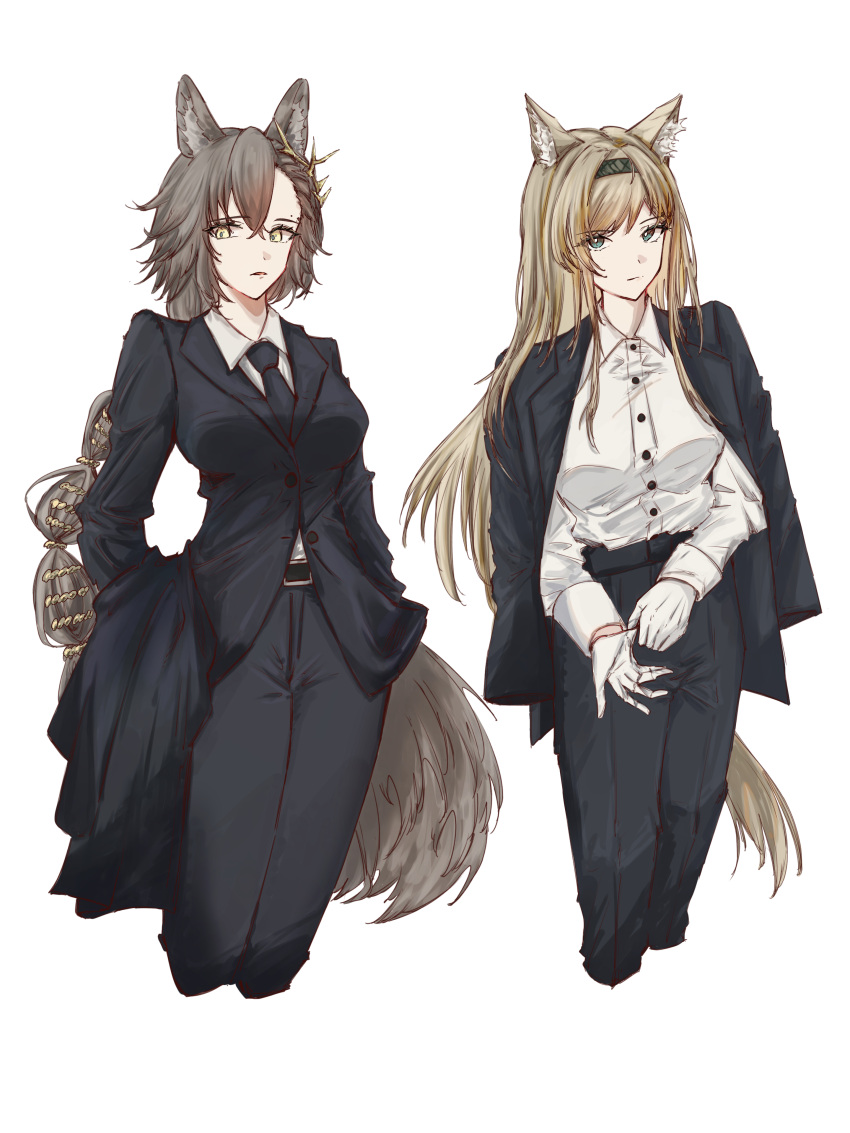 2girls, absurdres, animal_ear_fluff, animal_ears, arknights, black_hairband, black_jacket, black_necktie, black_pants, blonde_hair, blue_eyes, braid, breasts, brown_hair, buttons, cheddar_n, closed_mouth, collared_shirt, cropped_legs, gloves, hair_between_eyes, hairband, hands_in_pockets, highres, horn_(arknights), jacket, jewelry, lapels, long_hair, long_sleeves, looking_at_viewer, mole, mole_above_eye, multiple_girls, necktie, notched_lapels, pants, penance_(arknights), prted_lips, shirt, tail, white_background, white_gloves, white_shirt, wing_collar, wolf_ears, wolf_girl, wolf_tail, yellow_eyes