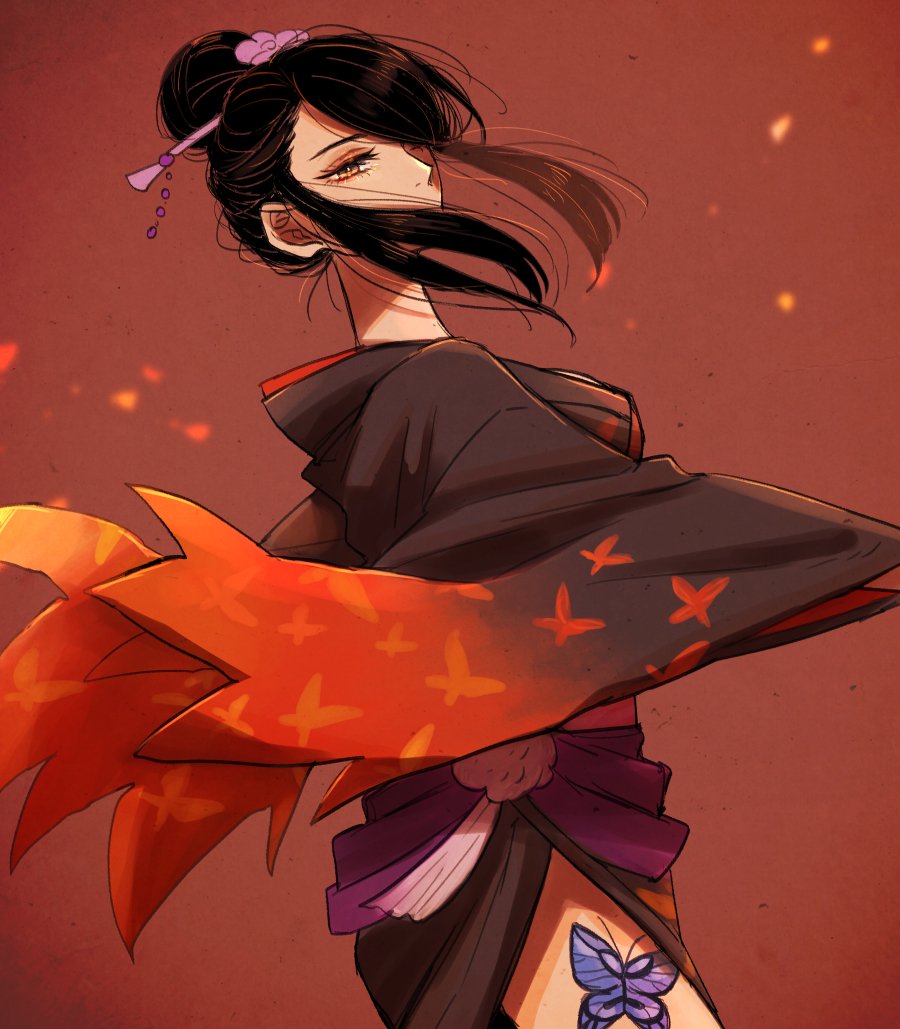 1girl, black_hair, black_kimono, brown_eyes, butterfly_tattoo, covered_mouth, cowboy_shot, from_side