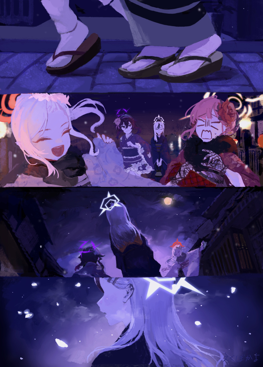 4girls, absurdres, aru_(blue_archive), aru_(new_year)_(blue_archive), bag, black_gloves, black_kimono, black_sash, blank_eyes, blue_archive, closed_eyes, closed_mouth, demon_girl, demon_horns, ear_piercing, ekubokayo, floral_print, floral_print_kimono, flower, from_behind, from_side, gloves, hair_behind_ear, hair_between_eyes, hair_flower, hair_ornament, handbag, haruka_(blue_archive), haruka_(new_year)_(blue_archive), highres, holding, holding_bag, horns, japanese_clothes, kayoko_(blue_archive), kayoko_(new_year)_(blue_archive), kimono, laughing, long_hair, looking_at_another, multicolored_hair, multiple_girls, mutsuki_(blue_archive), mutsuki_(new_year)_(blue_archive), night, obi, open_mouth, piercing, pink_flower, print_kimono, purple_flower, purple_hair, purple_kimono, purple_sash, red_bag, red_flower, red_hair, red_kimono, sandals, sash, sidelocks, snowing, socks, sweatdrop, violet_eyes, white_hair, white_kimono, white_socks, wide_sleeves