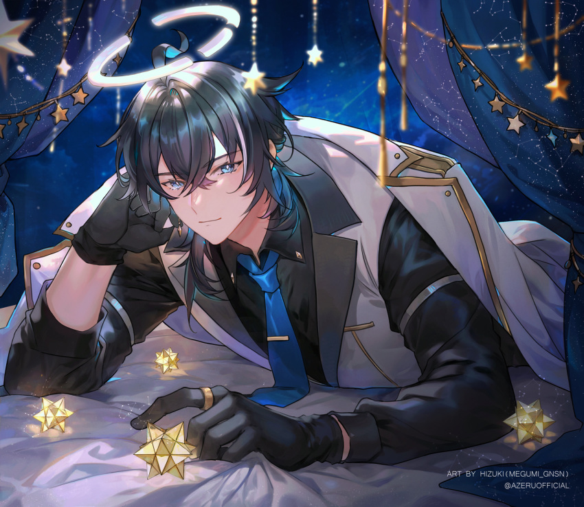 1boy, ahoge, azeru_(vtuber), black_gloves, black_hair, black_shirt, blue_eyes, blue_hair, blue_necktie, blurry, bright_pupils, broken_halo, closed_mouth, coat, coat_on_shoulders, collared_shirt, colored_inner_hair, constellation, crossed_bangs, curtains, depth_of_field, diamond-shaped_pupils, diamond_(shape), earclip, gloves, hair_between_eyes, halo, highres, indie_virtual_youtuber, jewelry, lapels, long_sleeves, looking_at_viewer, lying, male_focus, medium_hair, mobile, multicolored_hair, necktie, notched_lapels, official_art, on_bed, on_stomach, ring, sheiyue, shirt, sleeve_garter, small_stellated_dodecahedron, solo, star_(symbol), streaked_hair, symbol-shaped_pupils, tie_clip, upper_body, vest, virtual_youtuber, white_coat, white_hair, white_halo, white_pupils, white_vest