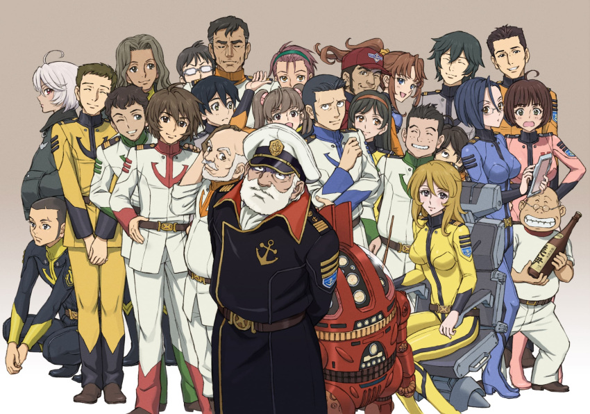 ahoge, aihara_yoshikazu, analyzer_(uchuu_senkan_yamato), blonde_hair, bodysuit, brown_eyes, brown_hair, everyone, harada_makoto, highres, hirata_hajime, itou_shin'ya, katou_saburou, kiryuu_mikage, kodai_susumu, long_hair, looking_at_viewer, military_uniform, misaki_yuria, mori_yuki, multiple_boys, multiple_girls, murakawa_michio, nanbu_yasuo, niimi_kaoru, okita_juuzou, oota_kenjiro, sado_sakezou, saijou_miki, sanada_shirou, shima_daisuke, shinohara_hiroki, simple_background, smile, standing, tokugawa_hikozaemon, uchuu_senkan_yamato, uchuu_senkan_yamato_2199, yabu_sukeji, yamamoto_akira