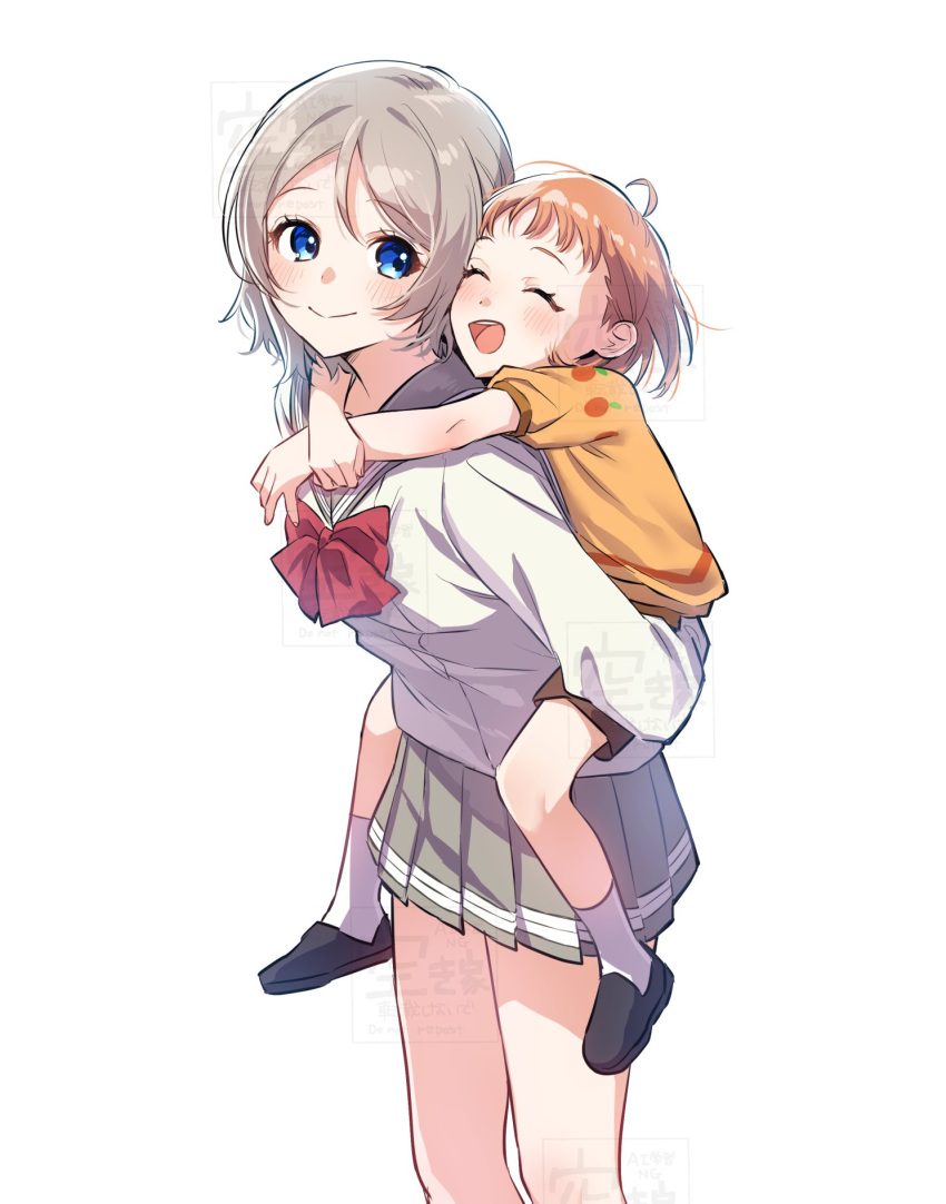 2girls, :d, ^_^, aged_down, ahoge, aki_m_m_a, ankle_socks, arms_behind_back