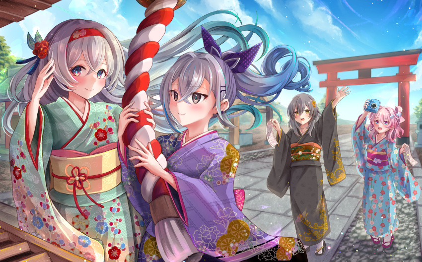 4girls, absurdres, alternate_costume, arm_up, blue_eyes, blue_kimono, camera, colored_tips, commentary_request, firefly_(honkai:_star_rail), full_body, green_hair, green_kimono, grey_eyes, grey_hair, grey_kimono, hatsumoude, highres, holding, holding_camera, holding_omikuji, honkai:_star_rail, honkai_(series), japanese_clothes, kimono, long_hair, march_7th_(honkai:_star_rail), medium_hair, multicolored_hair, multiple_girls, new_year, omikuji, pink_eyes, pink_hair, silver_wolf_(honkai:_star_rail), stelle_(honkai:_star_rail), tomoe_(pixiv_53856103), torii, trailblazer_(honkai:_star_rail), yellow_eyes