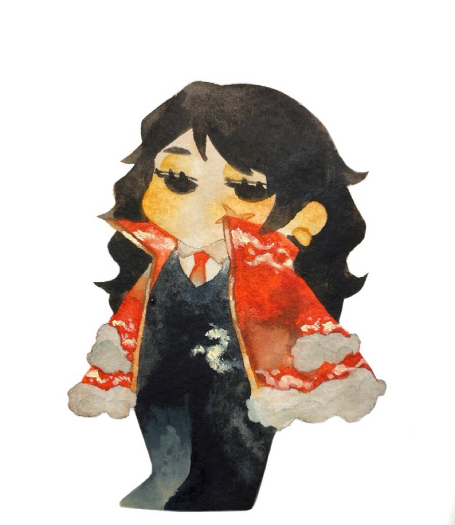1boy, black_eyes, black_hair, black_pants, black_vest, chibi, chun_(project_moon), cross_scar