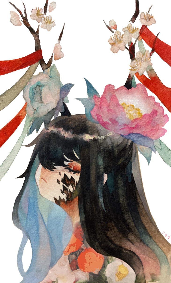1girl, closed_eyes, closed_mouth, dragon_horns, flower, highres, horns, library_of_ruina, mochigome_138, painting_(medium), pink_flower, plant_horns, project_moon, red_flower, red_ribbon, ribbon, scales, simple_background, solo, traditional_media, upper_body, watercolor_(medium), white_background, white_flower, xiao_(project_moon)