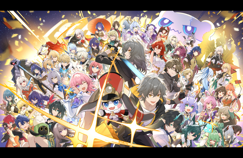 6+boys, 6+girls, absurdres, acheron_(honkai:_star_rail), animal_ears, aqua_shirt, argenti_(honkai:_star_rail), arlan_(honkai:_star_rail), asta_(honkai:_star_rail), aventurine_(honkai:_star_rail), bailu_(honkai:_star_rail), bare_legs, bare_shoulders, black_choker, black_dress, black_gloves, black_jacket, black_pants, black_shirt, black_swan_(honkai:_star_rail), blade_(honkai:_star_rail), blonde_hair, blue_hair, bronya_rand, brown_hair, caelus_(honkai:_star_rail), camera, cat, chewing_gum, chinese_commentary, choker, clara_(honkai:_star_rail), commentary_request, critter_pick_(honkai:_star_rail), crop_top, dan_heng_(honkai:_star_rail), dress, dual_persona, firefly_(honkai:_star_rail), fox_ears, fu_xuan_(honkai:_star_rail), gallagher_(honkai:_star_rail), gepard_landau, gloves, green_hair, grey_hair, grin, guinaifen_(honkai:_star_rail), hanya_(honkai:_star_rail), herta_(honkai:_star_rail), highres, himeko_(honkai:_star_rail), holding, holding_camera, honkai:_star_rail, honkai_(series), hook_(honkai:_star_rail), huohuo_(honkai:_star_rail), jacket, jing_yuan, jingliu_(honkai:_star_rail), kafka_(honkai:_star_rail), letterboxed, lightning-lord_(honkai:_star_rail), long_hair, long_sleeves, luka_(honkai:_star_rail), luocha_(honkai:_star_rail), lynx_landau, march_7th_(honkai:_star_rail), march_7th_(preservation)_(honkai:_star_rail), midriff, misha_(honkai:_star_rail), multiple_boys, multiple_girls, natasha_(honkai:_star_rail), notstk, numby_(honkai:_star_rail), oil-paper_umbrella, pants, pela_(honkai:_star_rail), pink_hair, pom-pom_(honkai:_star_rail), purple_hair, qingque_(honkai:_star_rail), red_hair, red_jacket, red_umbrella, robin_(honkai:_star_rail), ruan_mei_(honkai:_star_rail), sampo_koski, screwllum_(honkai:_star_rail), seele_(honkai:_star_rail), selfie_stick, serval_landau, shirt, silver_wolf_(honkai:_star_rail), smile, sparkle_(honkai:_star_rail), stelle_(honkai:_star_rail), stuffed_animal, stuffed_toy, sunday_(honkai:_star_rail), sushang_(honkai:_star_rail), svarog_(honkai:_star_rail), tail_(honkai:_star_rail), teddy_bear, thigh_strap, thighs, tingyun_(honkai:_star_rail), topaz_(honkai:_star_rail), trailblazer_(honkai:_star_rail), trotter_(honkai:_star_rail), umbrella, violet_eyes, warp_trotter_(honkai:_star_rail), welt_yang, white_hair, white_shirt, wubbaboo_(honkai:_star_rail), xueyi_(honkai:_star_rail), yanqing_(honkai:_star_rail), yukong_(honkai:_star_rail)