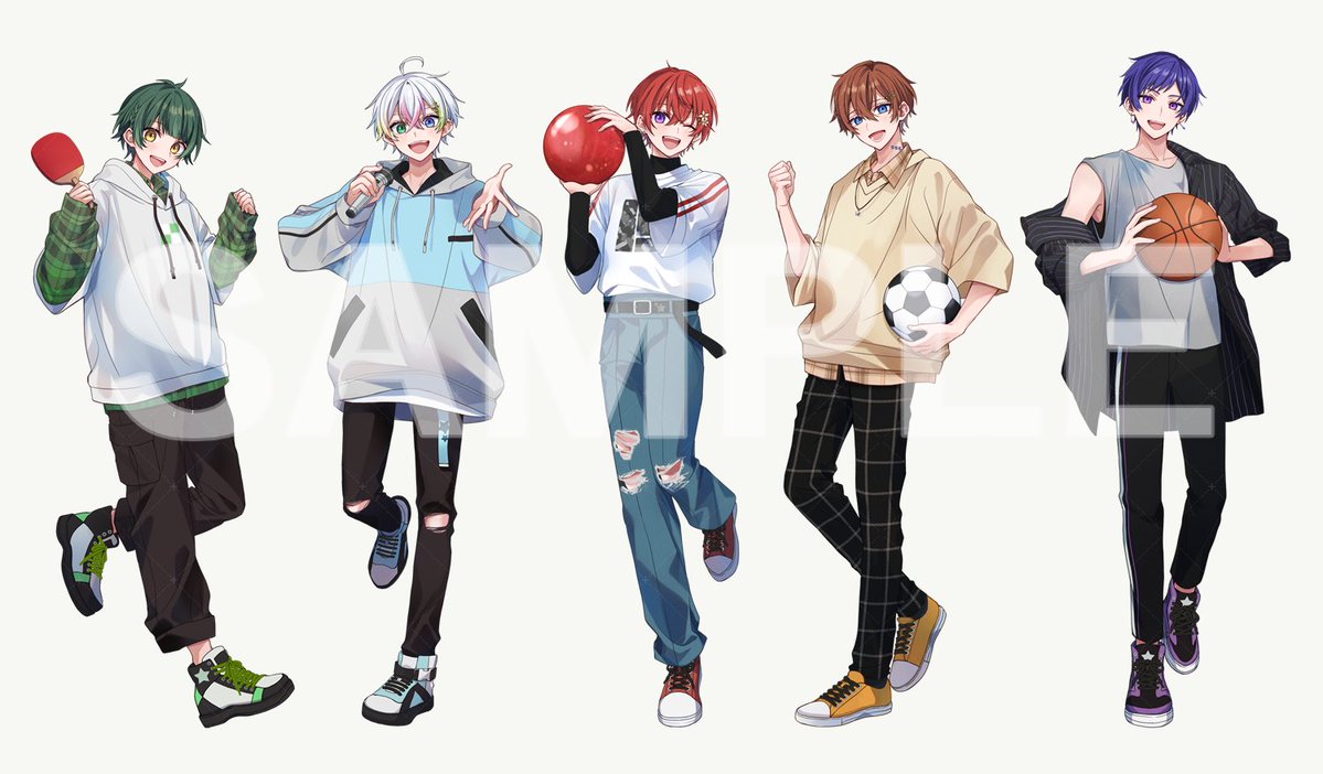 5boys, :d, ;d, ahoge, ball, basketball_(object), beckoning, belt