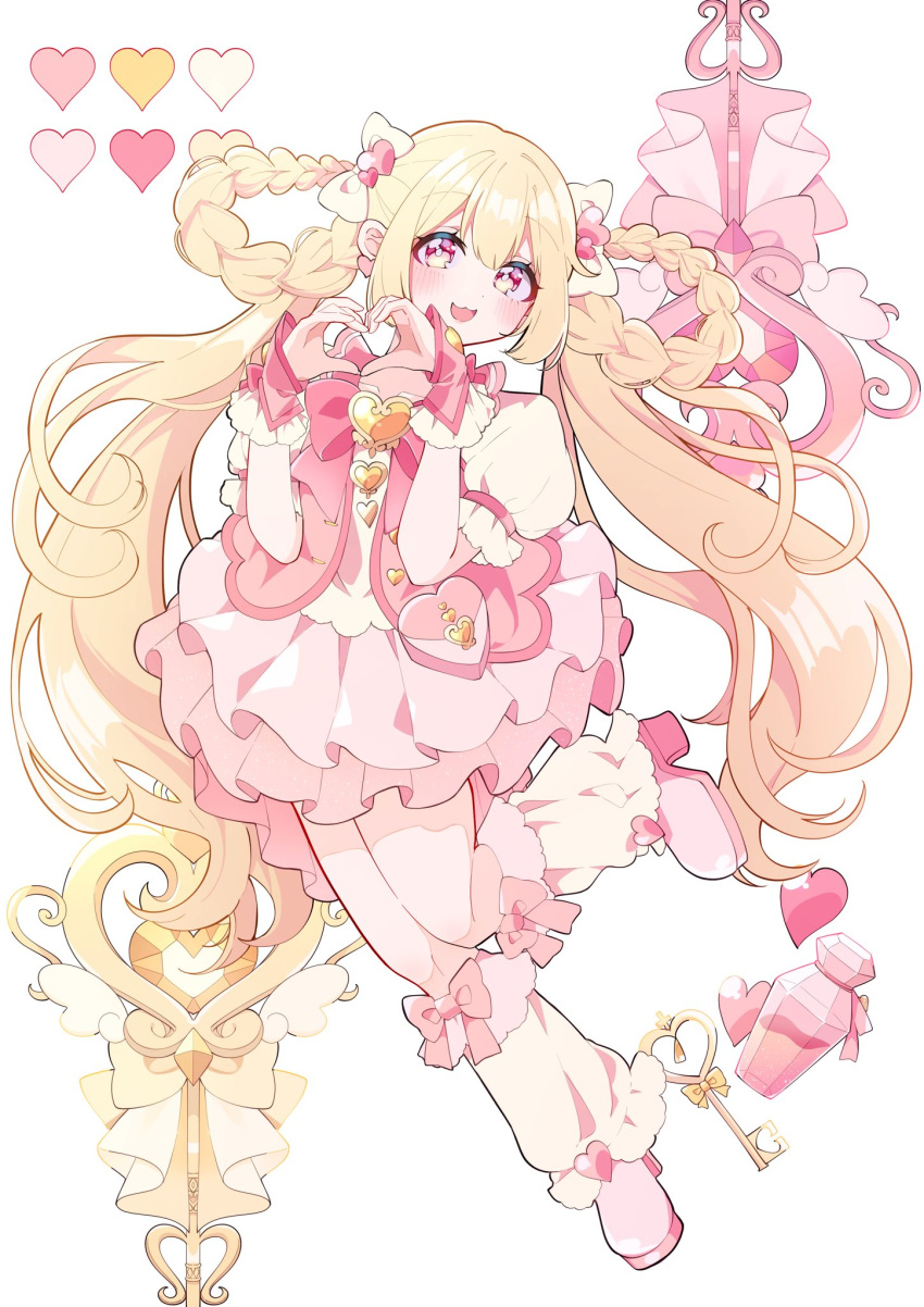 1girl, :3, :d, absurdly_long_hair, blonde_hair, blush, bottle, bow, braid, braided_hair_rings, color_guide, commentary_request, dress, full_body, hair_bow, hair_rings, heart, heart_hands, highres, kam_tuki, key, leg_warmers, long_hair, looking_at_viewer, open_mouth, original, pantyhose, pink_dress, pink_footwear, pink_pantyhose, puffy_short_sleeves, puffy_sleeves, short_sleeves, simple_background, smile, solo, twintails, very_long_hair, white_background, white_bow, white_leg_warmers
