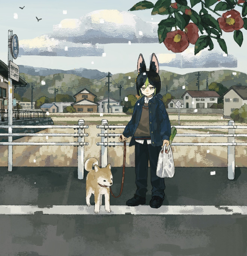 alternate_costume, animal_ears, bag, bird, black_hair, black_pants, blue_jacket, building