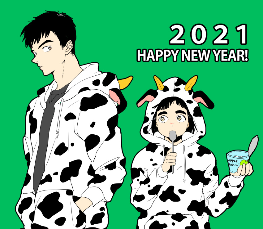 1boy, 1girl, after_school_lessons_for_unripe_apples, animal_hood, black_hair, brown_eyes, cow_print_jacket, eating, green_background, hands_in_pockets, height_difference, highres, holding, holding_spoon, hood, hoodie, hwang_mi-ae, kim_cheol, mrh_cit, short_hair, spoon, standing, yogurt