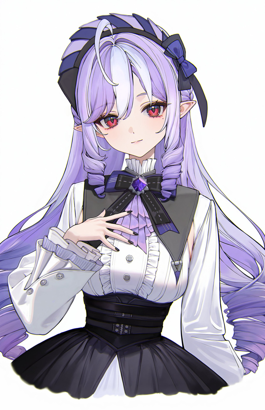 absurdres, black_bow, black_skirt, bow, gothic_lolita, hand_on_own_chest, highres, lolita_fashion
