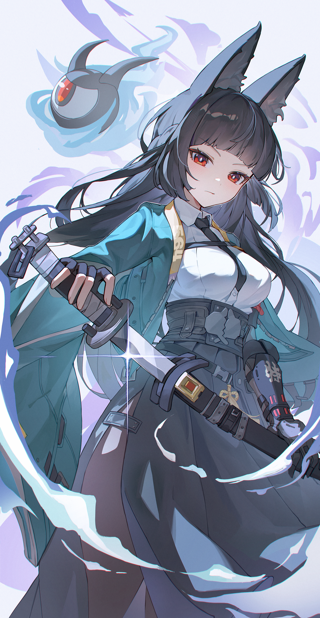 1girl, animal_ears, black_hair, black_necktie, black_pantyhose, black_skirt, blue_jacket, collared_shirt, fox_ears, fox_girl, high-waist_skirt, highres, holding, holding_sword, holding_weapon, hoshimi_miyabi, jacket, jorim, katana, long_hair, necktie, open_clothes, open_jacket, pantyhose, red_eyes, scabbard, sheath, shirt, simple_background, skirt, solo, sword, tailless_(zenless_zone_zero), weapon, white_background, white_shirt, zenless_zone_zero