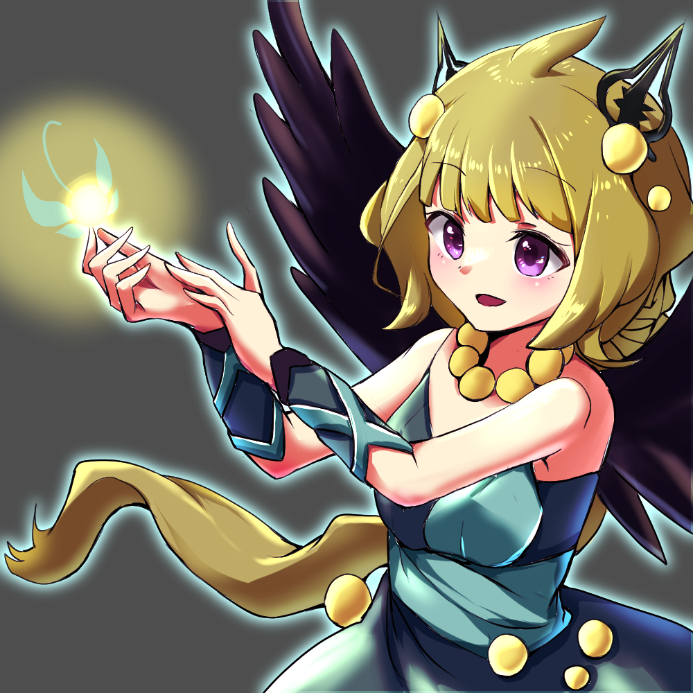 1girl, animal, black_wings, blonde_hair, bug, dress, duel_monster, fairy