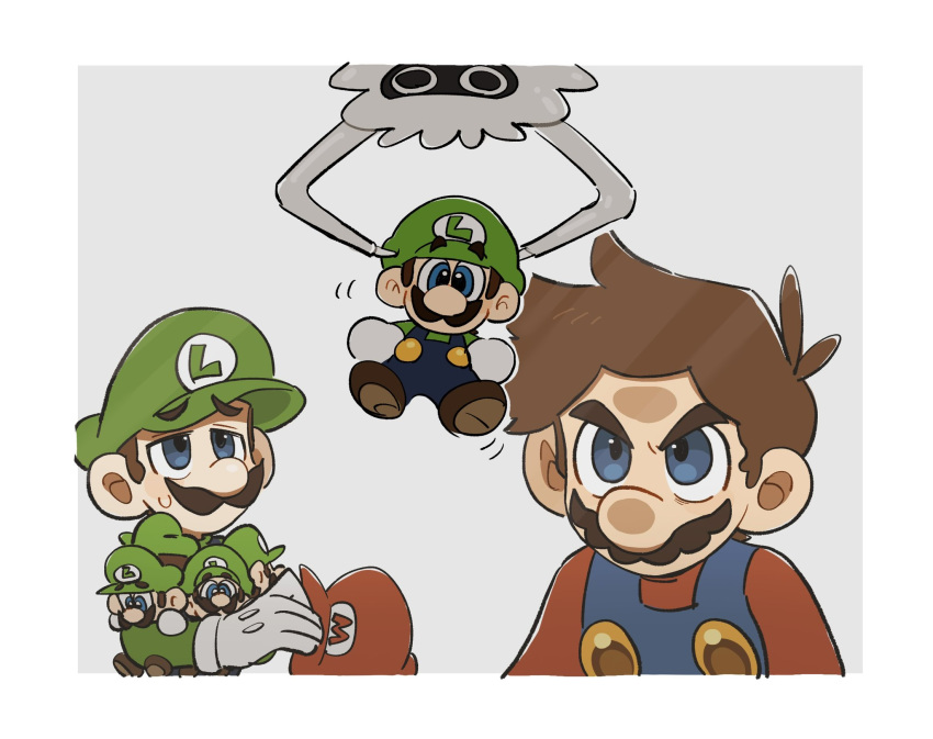 2boys, angry, blooper_(mario), blue_eyes, blue_overalls, brothers, brown_hair, claws