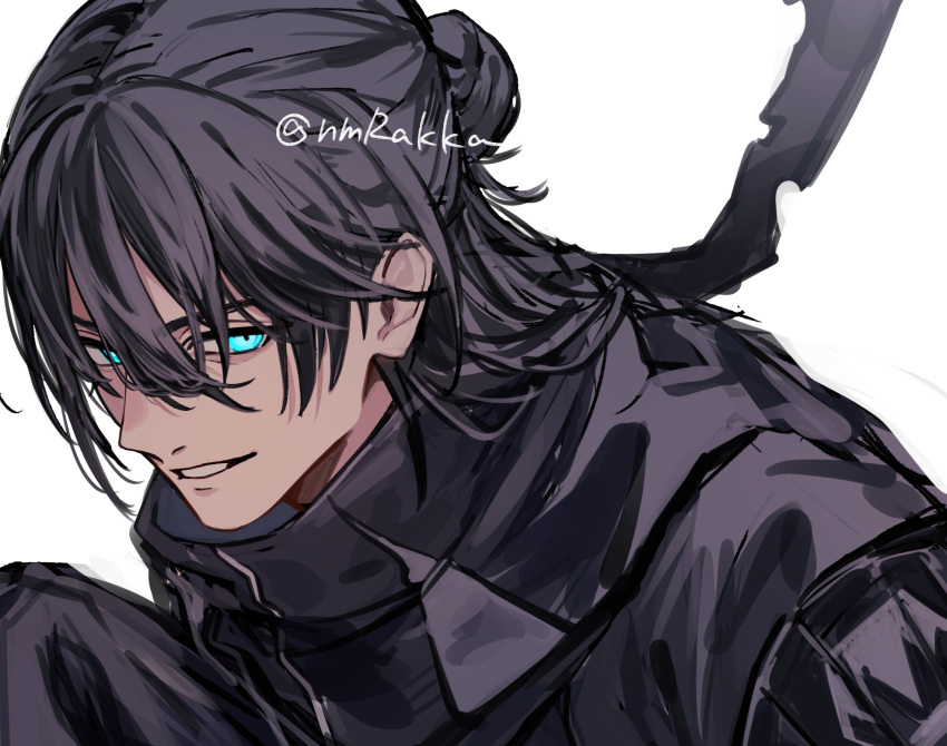 1boy, black_hair, black_scarf, blue_eyes, hair_between_eyes, hair_bun, half_updo, highres